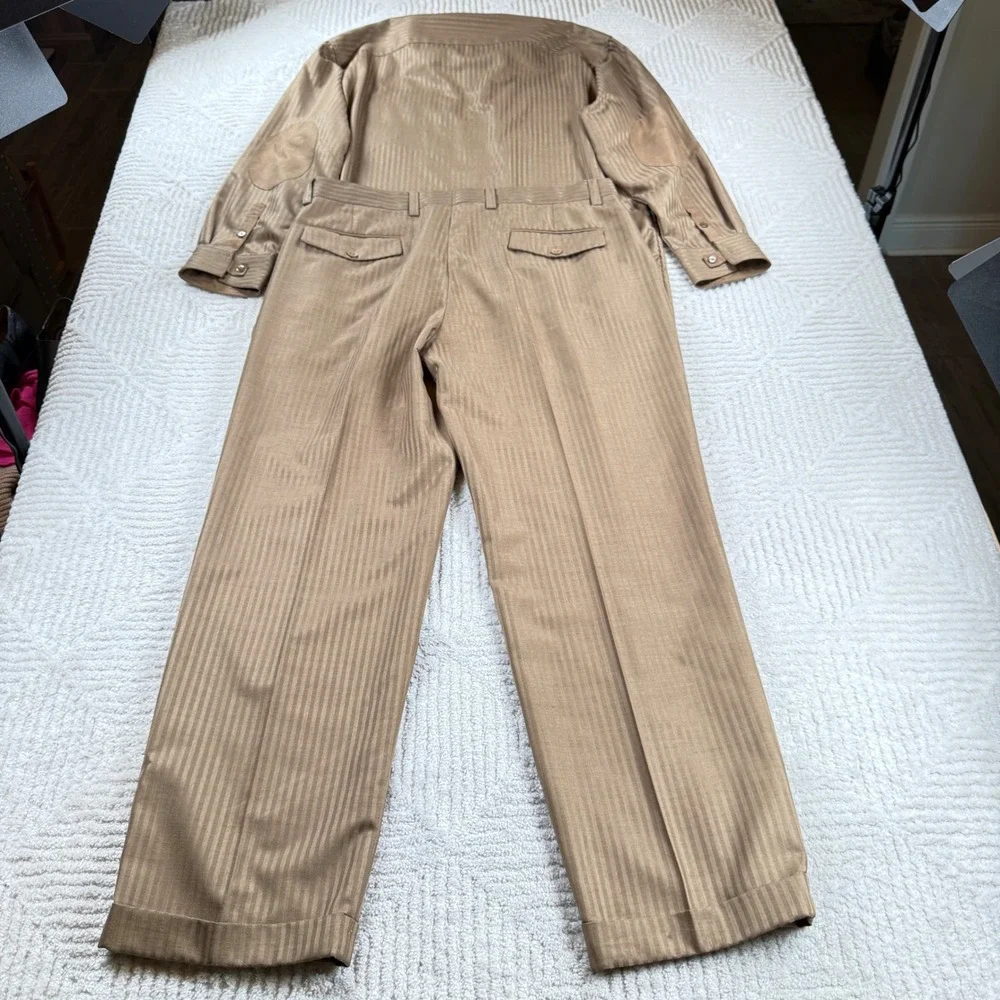 Stacy Adams Walking Suit Mens XL 40 Tan Herringbone Suede Elbow Patch 2pc Set
